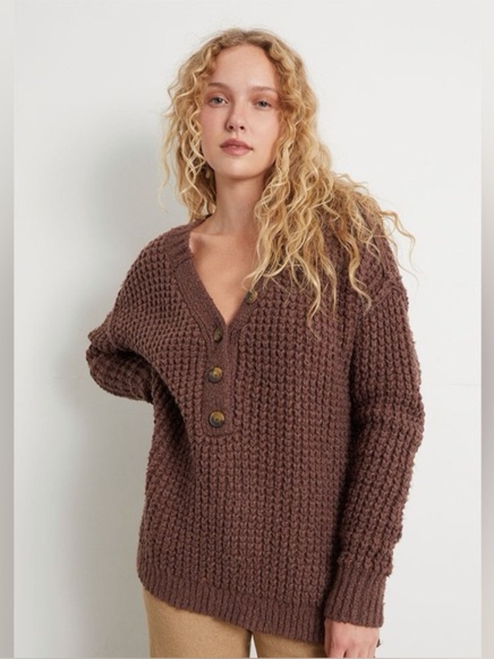Free People Brown Cosy Chunky Waffle Knit Whistle Henley Pullover Sweater M